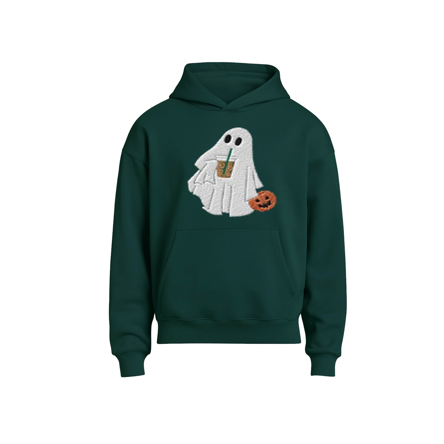 Green hoodie with a ghost design holding a pumpkin and drink on a white background