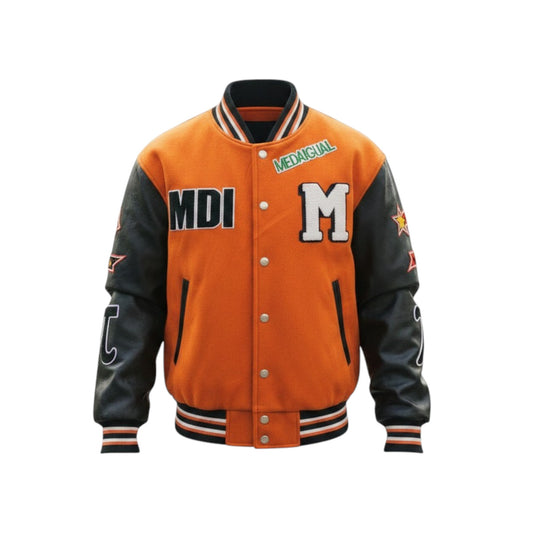 Orange and black varsity jacket with letterman design on a white background