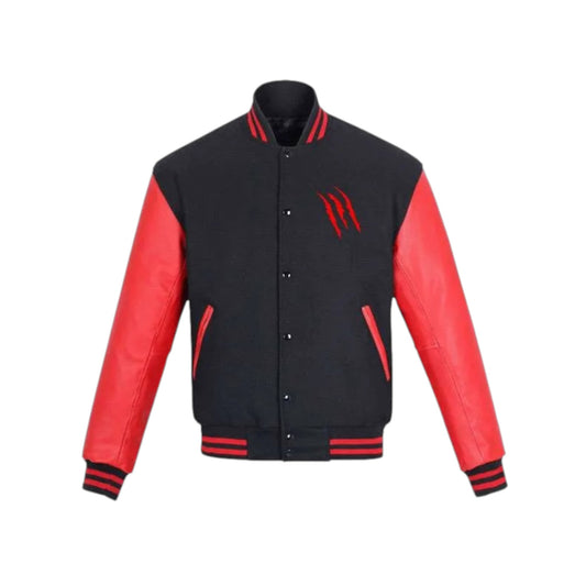 Black and red varsity jacket with a logo on a white background