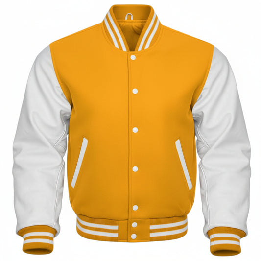 Yellow and white varsity jacket on a white background