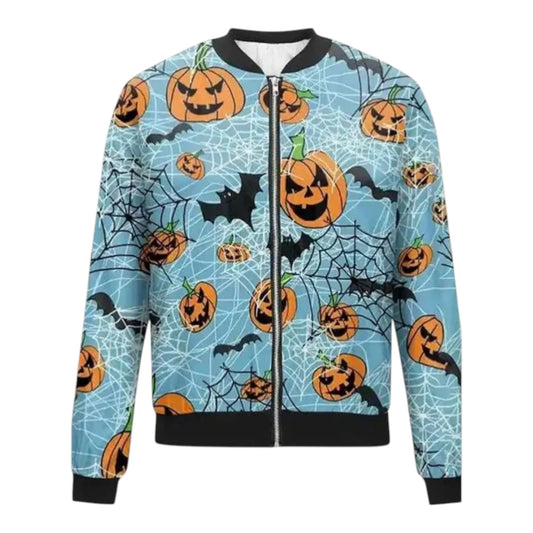Halloween-themed jacket with pumpkins and bats on a blue background
