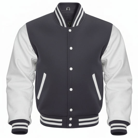 Black and white varsity jacket on a white background