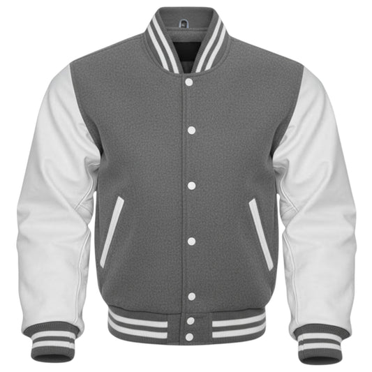 Gray and white varsity jacket on a white background