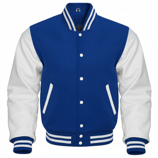 Blue and white varsity jacket on a white background