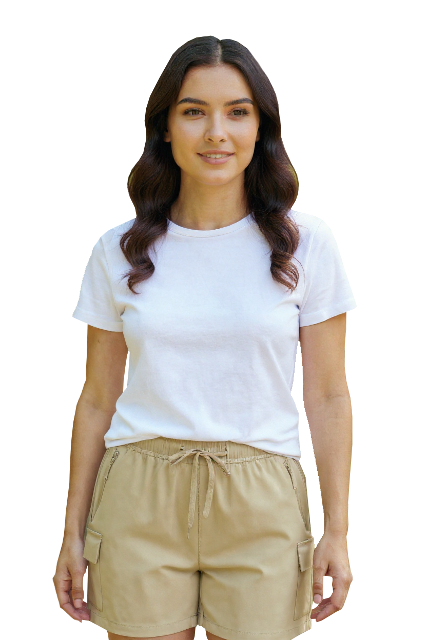 Woman wearing a white t-shirt and beige shorts on a white background