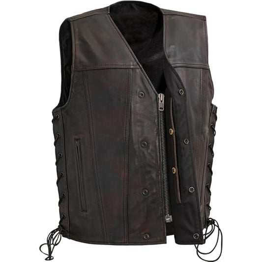 Brown leather vest with multiple pockets and zippers on a white background
