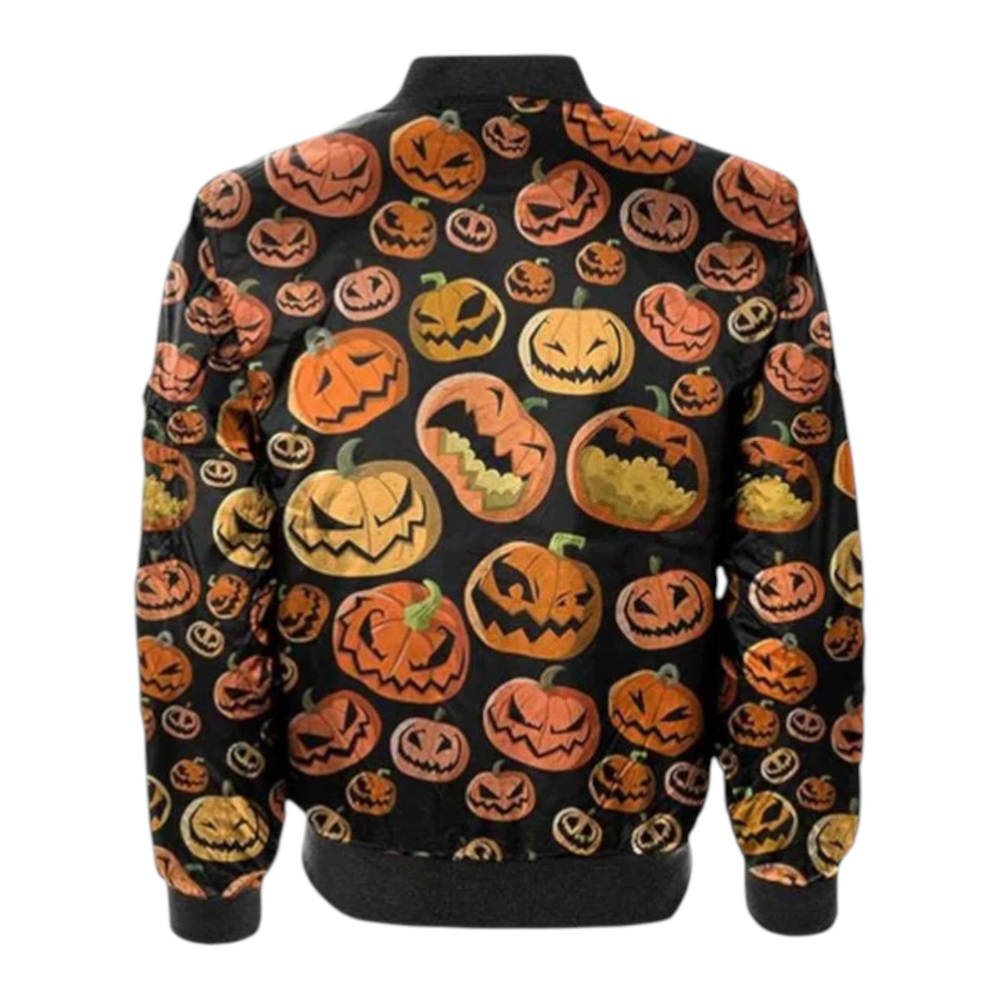 Black jacket with colorful pumpkin pattern on a white background