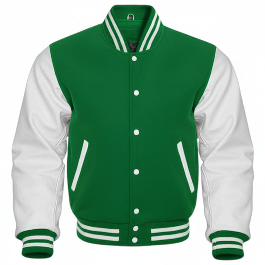 Green and white varsity jacket on a white background