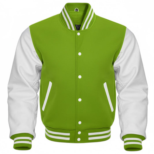 Green and white varsity jacket on a white background