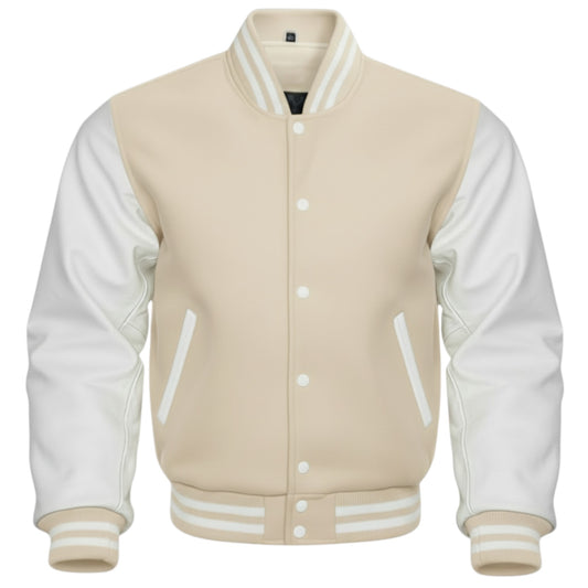 Beige and white varsity jacket on a white background