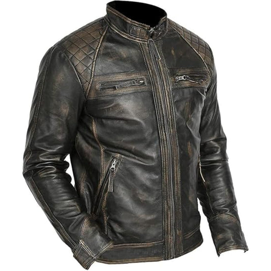 Black leather jacket with quilted design on a white background