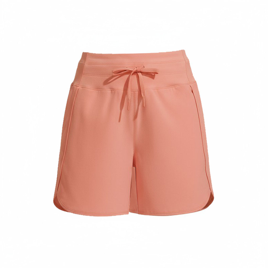 Peach-colored shorts with a drawstring on a white background