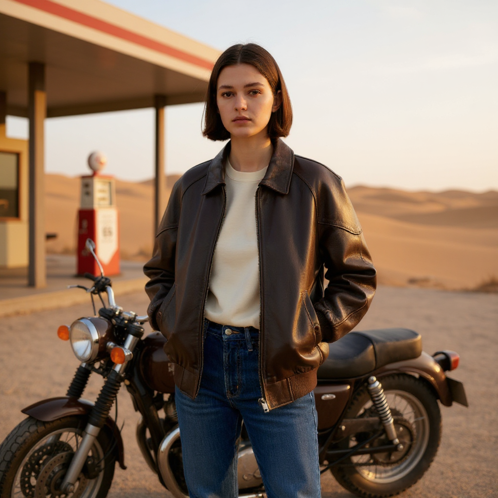 Woman in a leather jacket standing next to a motorcycle in a desert setting