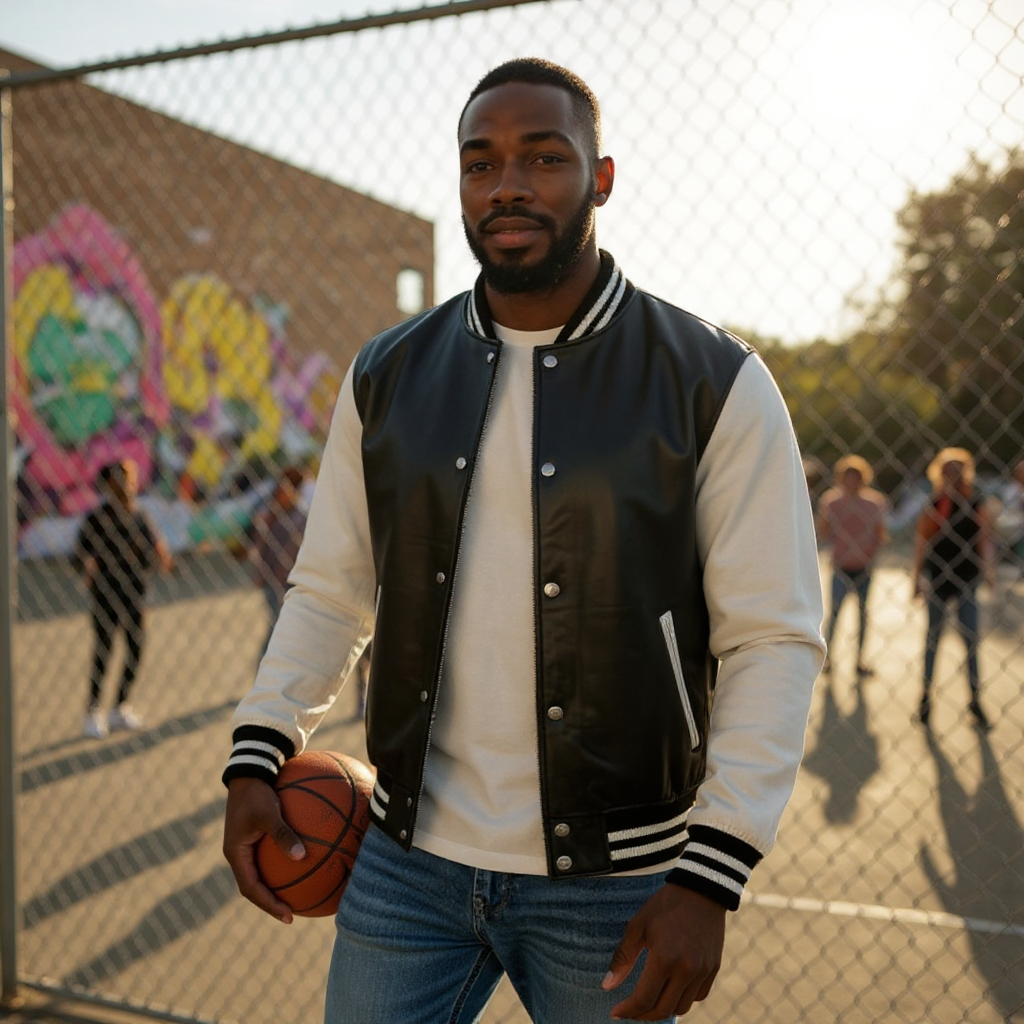 Terrance Varsity Jacket in Black and White Leather