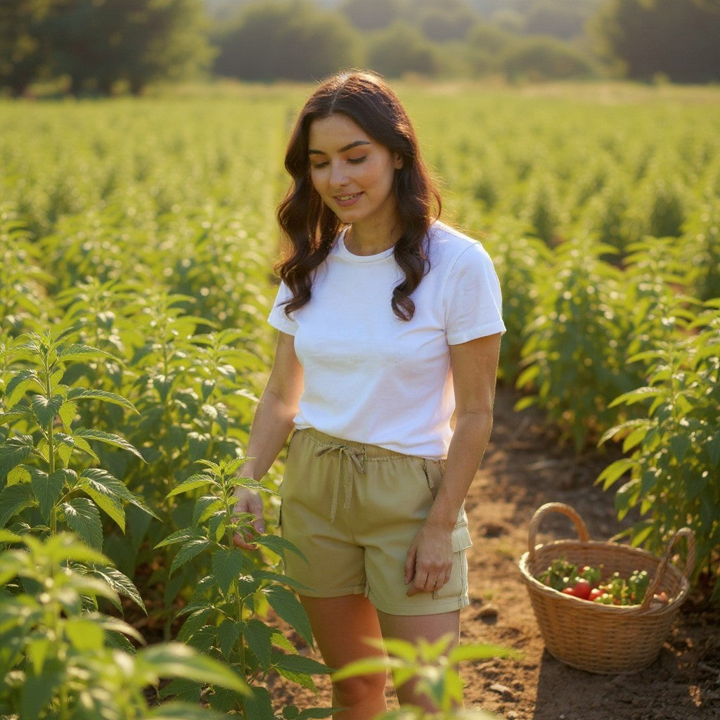 Woman standing in a field with a basket of vegetables