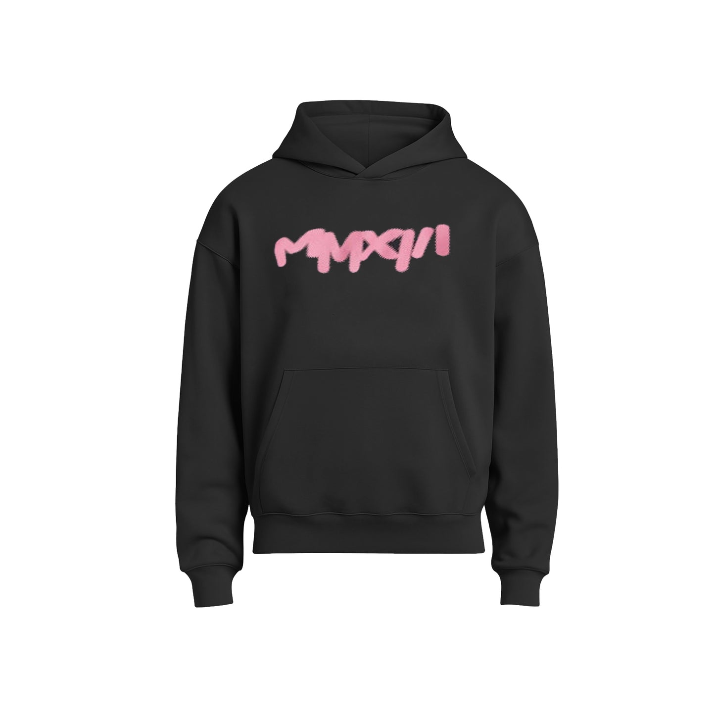 Black hoodie with pink text on a white background