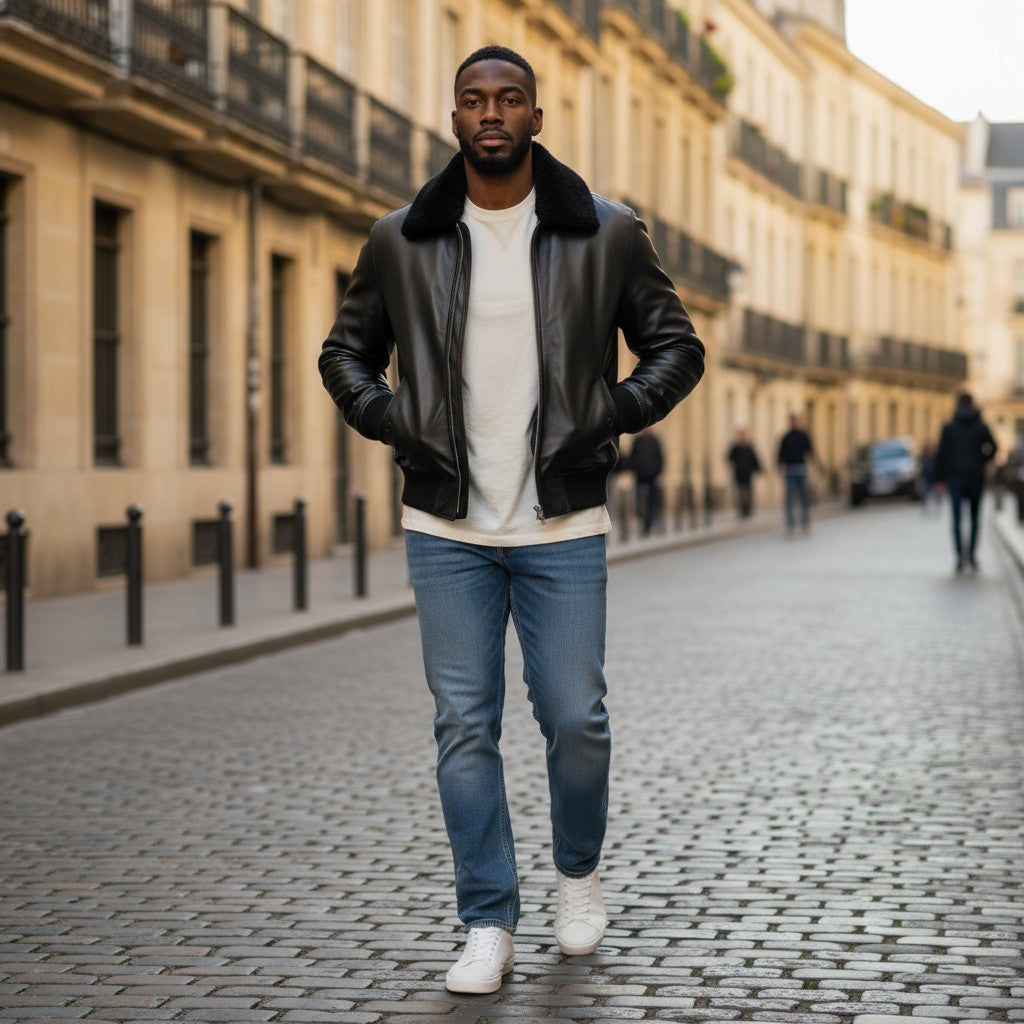 Man walking on a cobblestone street wearing a black leather jacket, white shirt, blue jeans, and white sneakers.