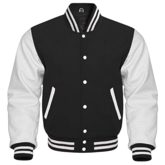 Black and white varsity jacket with buttons on a white background