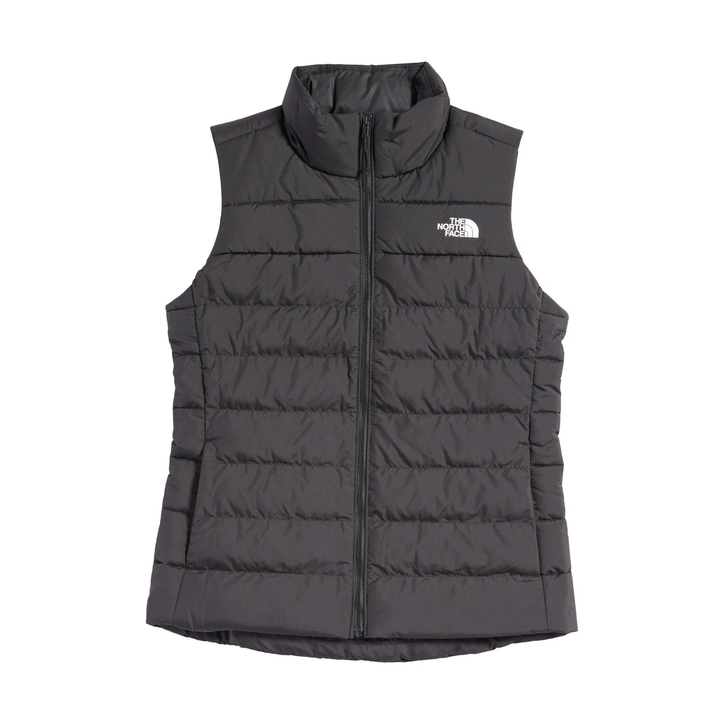 Gray puffer vest with The North Face logo on a white background