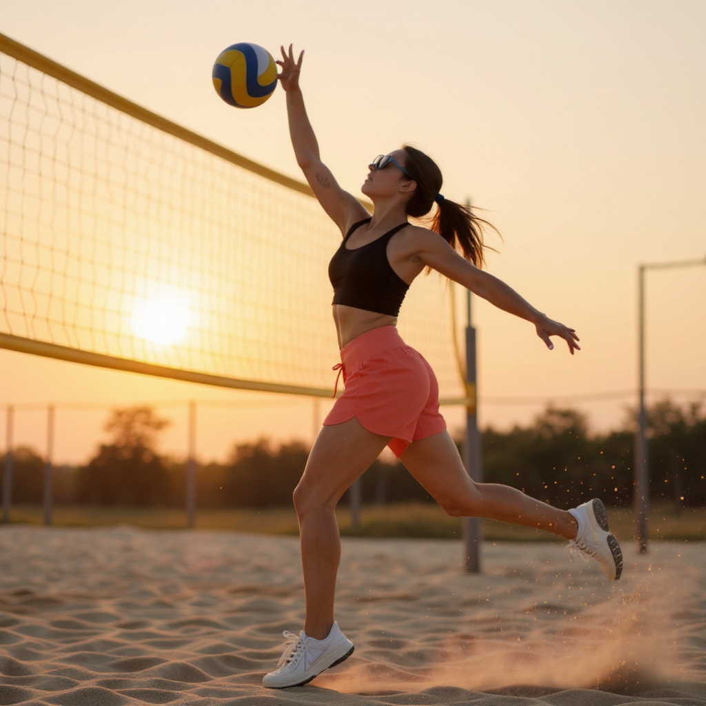 Woman playing beach volleyball on a sandy court at sunset