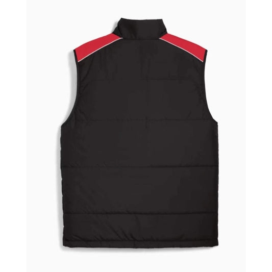 Black puffer vest with red accents on a white background