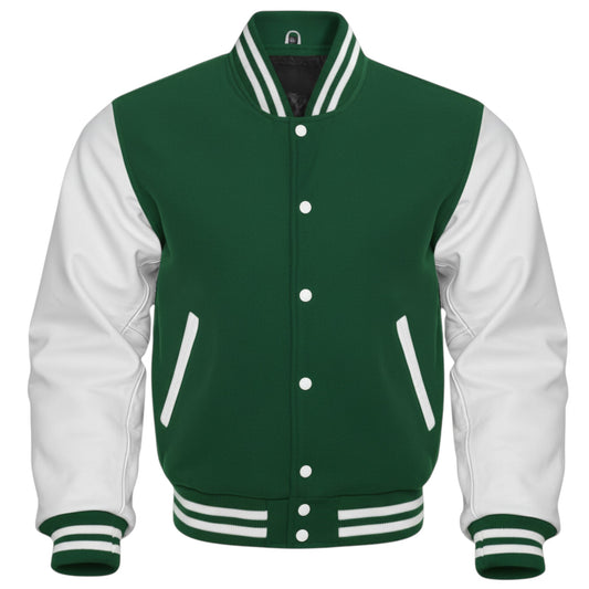 Green and white varsity jacket on a white background