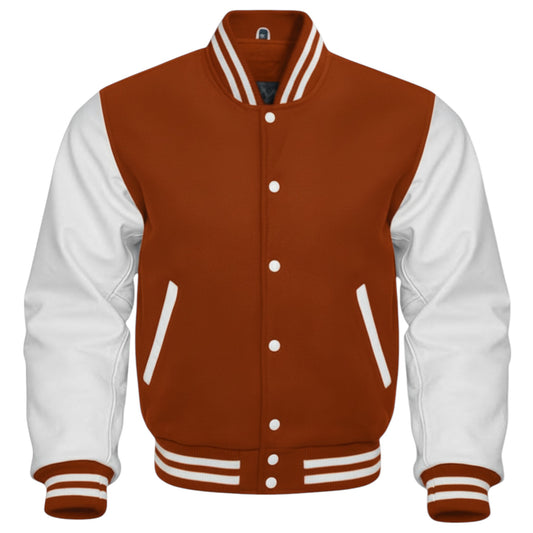 Brown and white varsity jacket on a white background