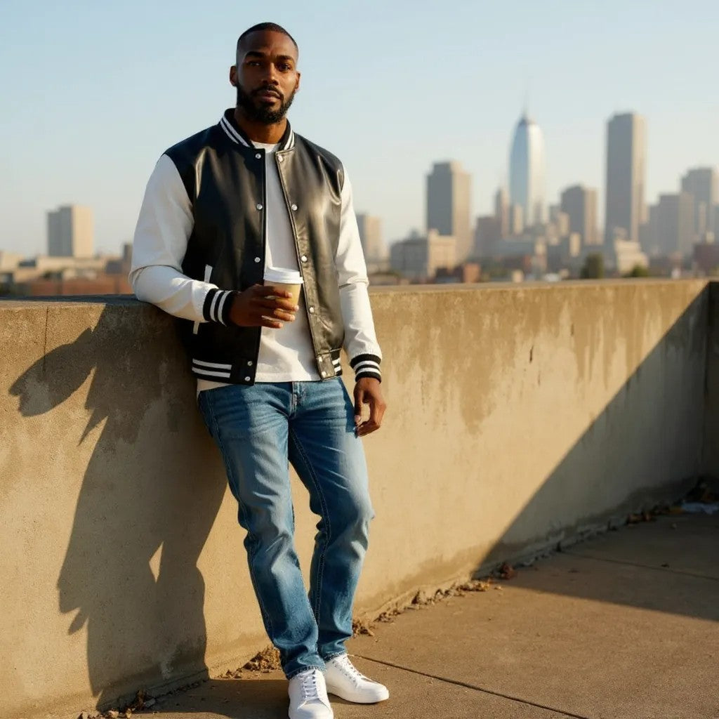 Terrance Varsity Jacket in Black and White Leather