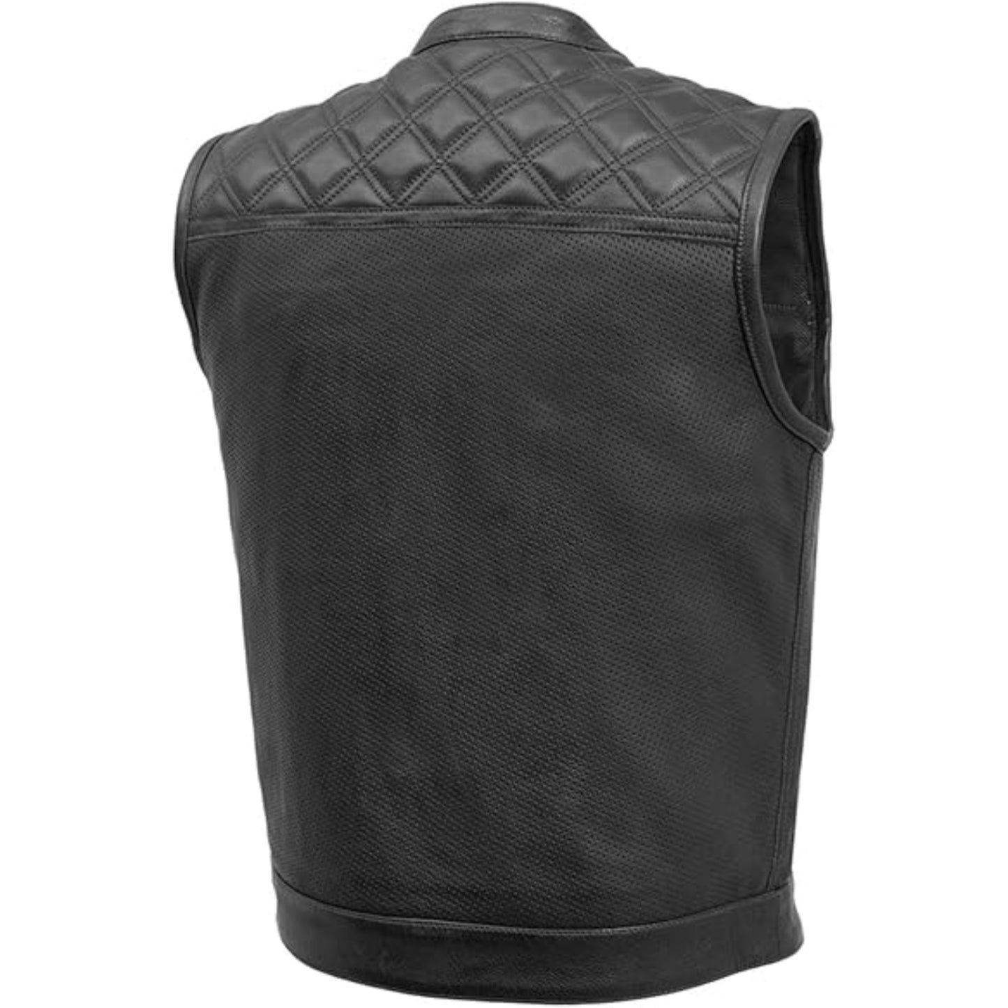 Black leather vest with quilted back design on a white background