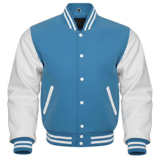 Blue and white varsity jacket on a white background