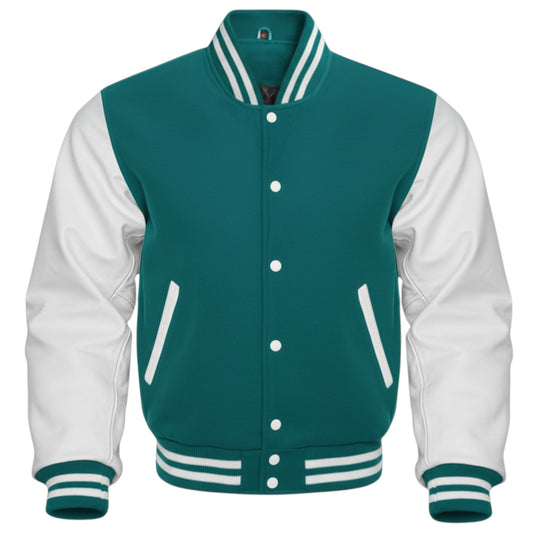 Teal and white varsity jacket on a white background