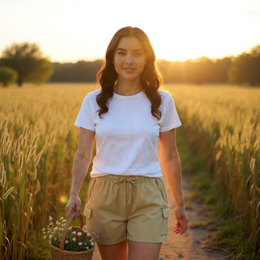 Woman standing in a field holding a basket of flowers during sunset.