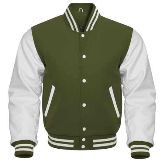 Green and white varsity jacket on a white background
