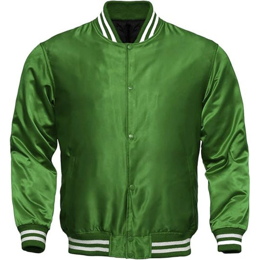 Green varsity jacket with white accents on a white background