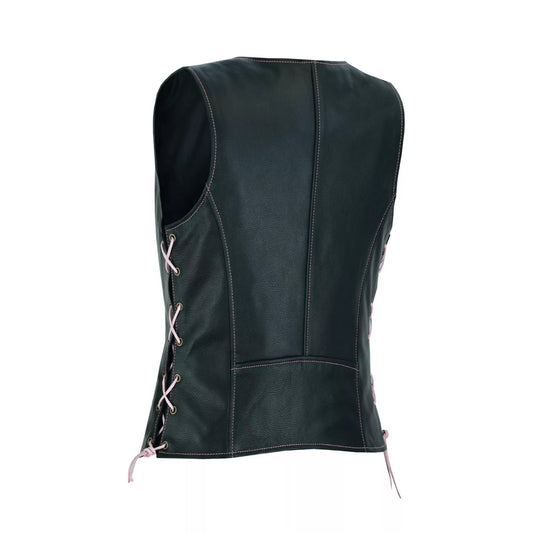 Black leather vest with lace-up front on a white background