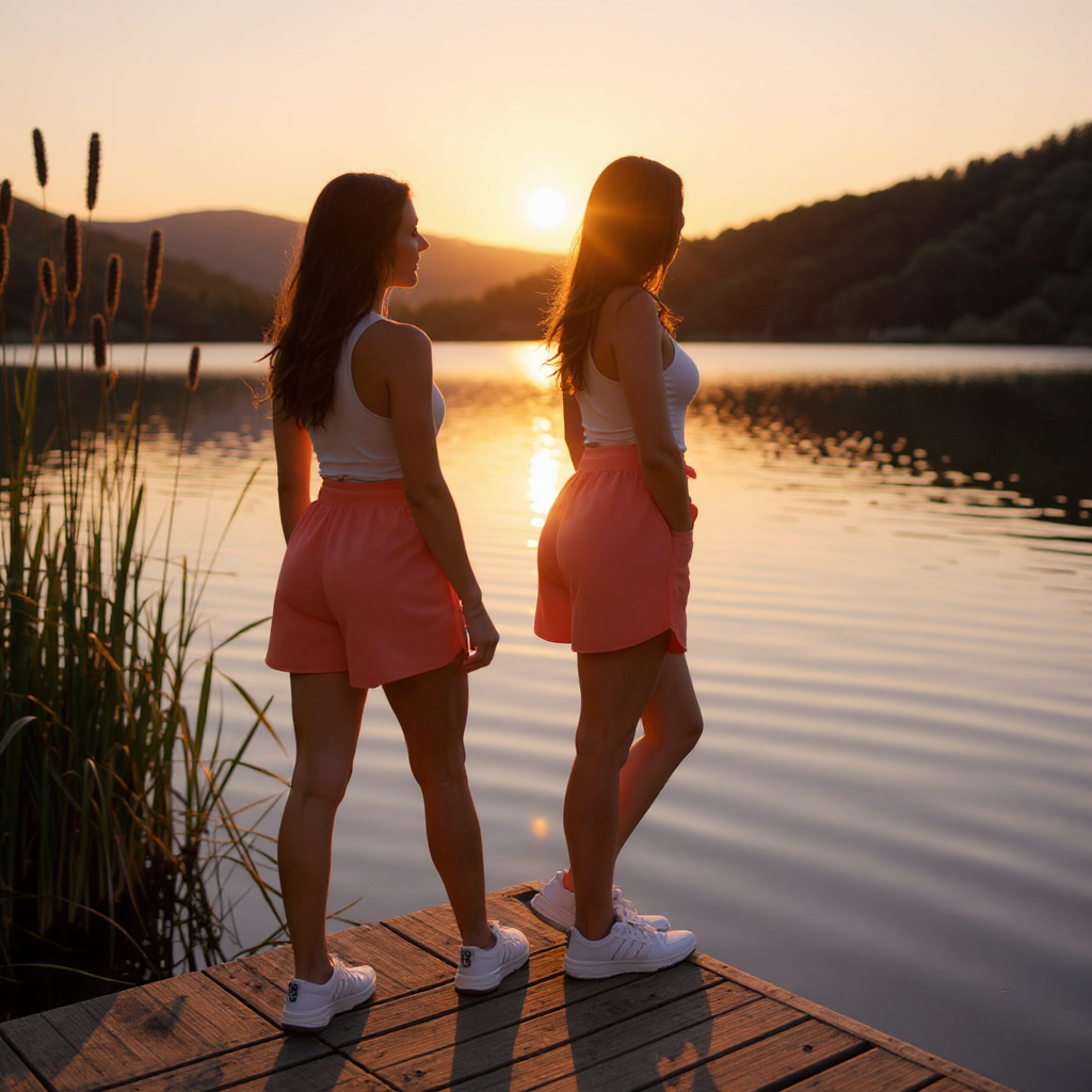 Two women standing on a dock by a lake at sunset.
