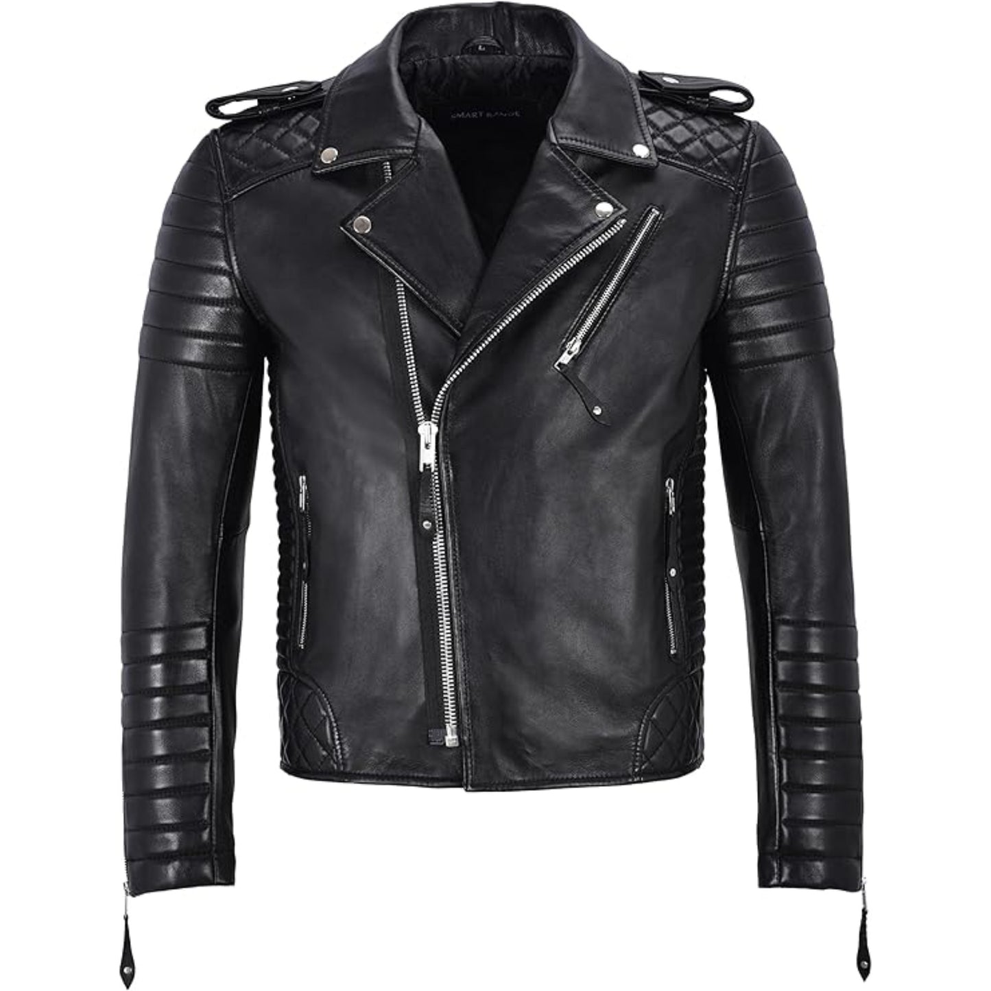Black leather jacket with zippers on a white background