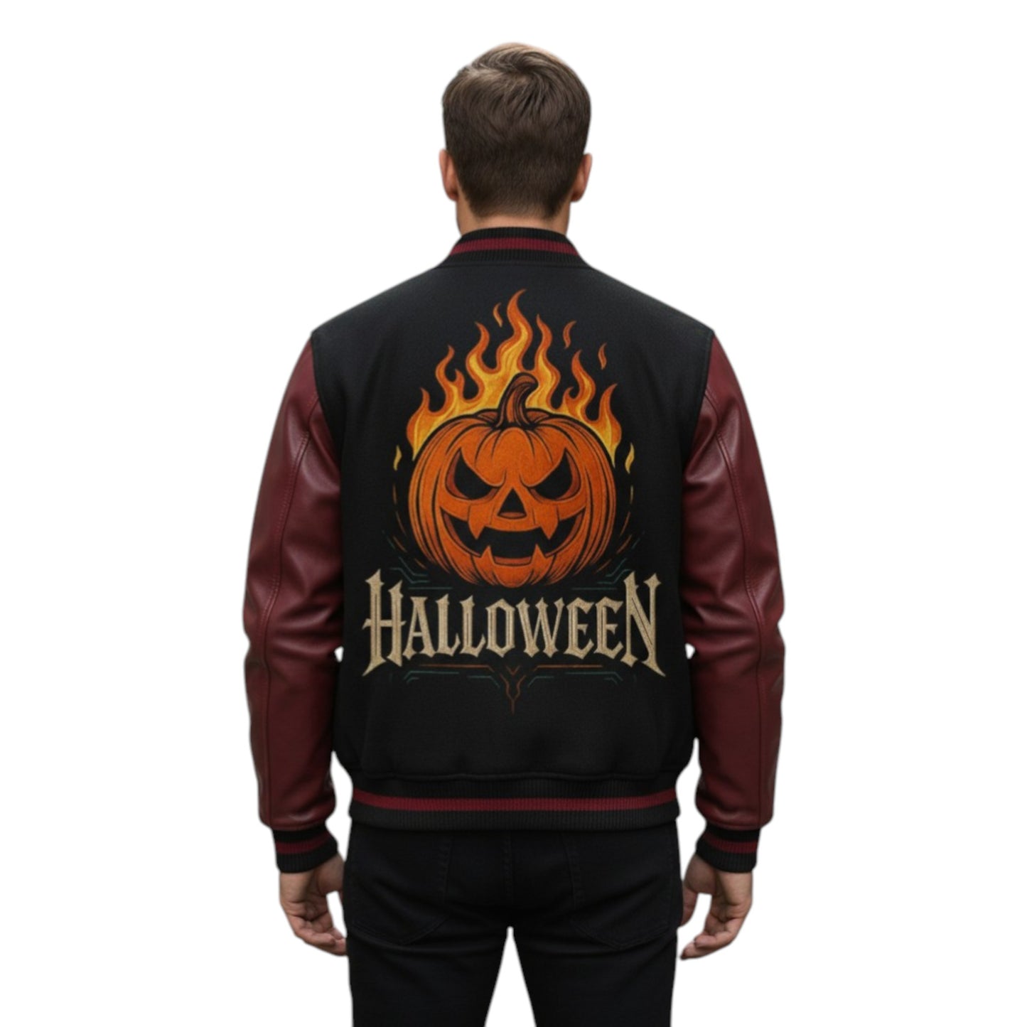 Person wearing a black and red Halloween-themed jacket with a pumpkin design on the back.