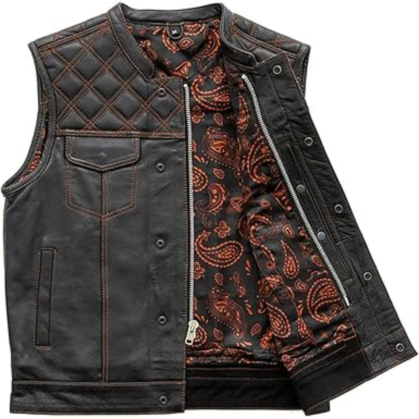 Black leather vest with red paisley pattern on a white background