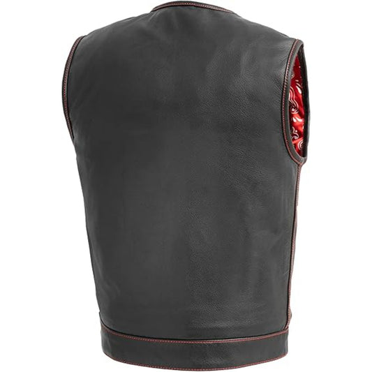 Black leather vest with red interior lining on a white background