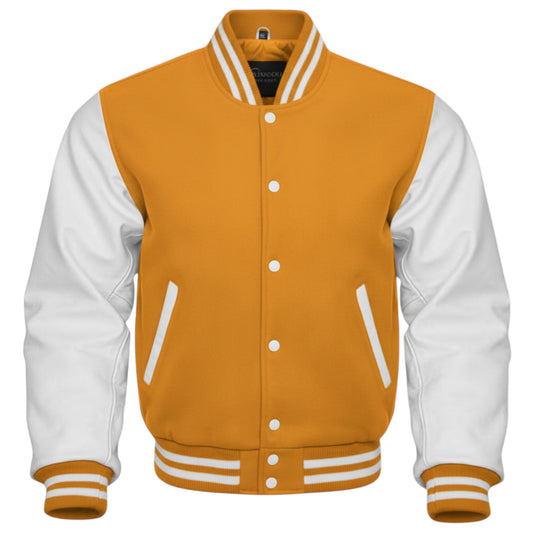 Orange and white varsity jacket on a white background
