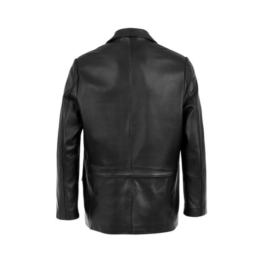 Black leather jacket shown from the back on a white background
