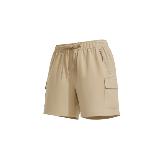 Beige cargo shorts on a white background