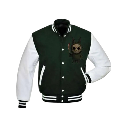 Green and white varsity jacket with a graphic design on a white background