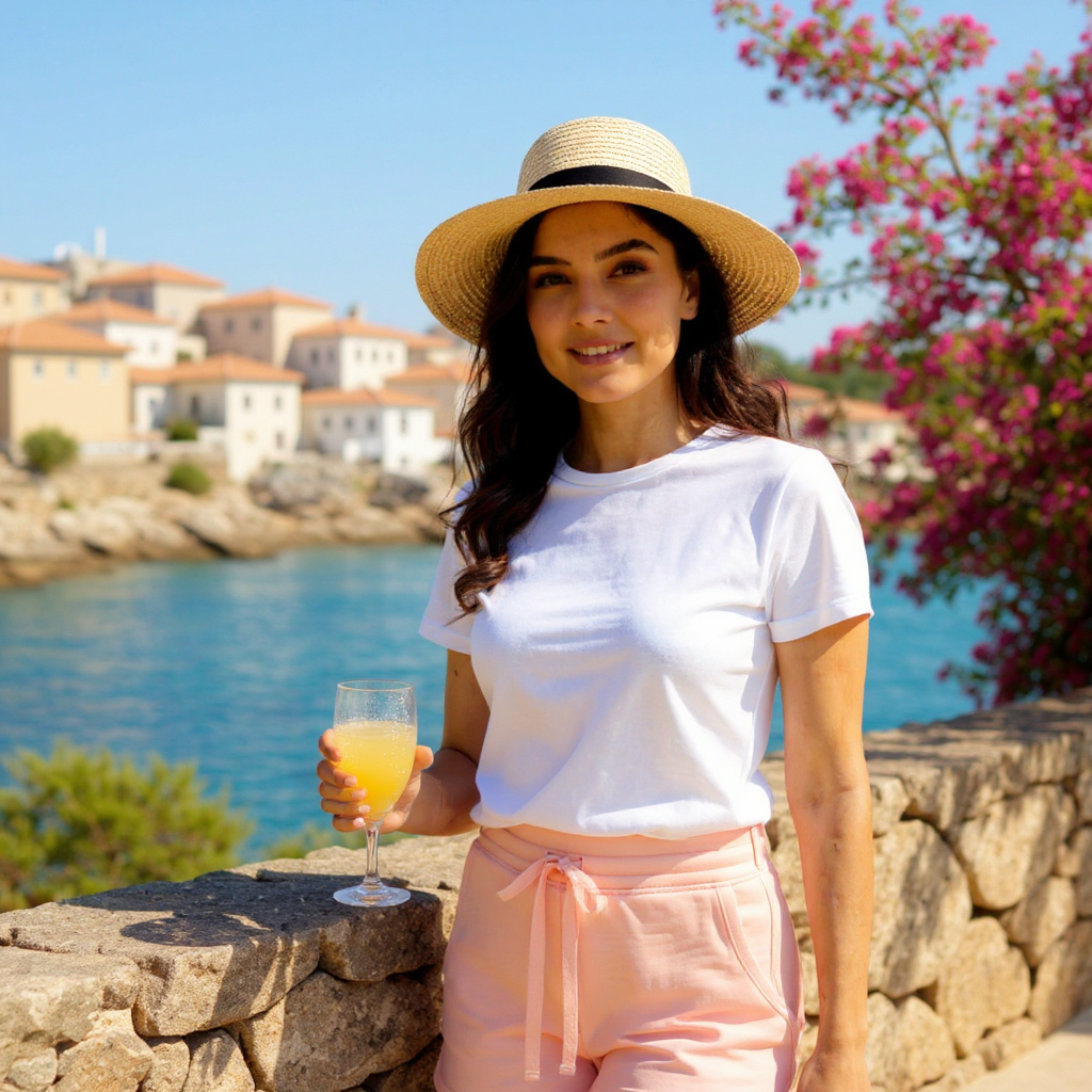 Woman holding a glass of orange juice by a scenic waterfront with buildings and flowers in the background.