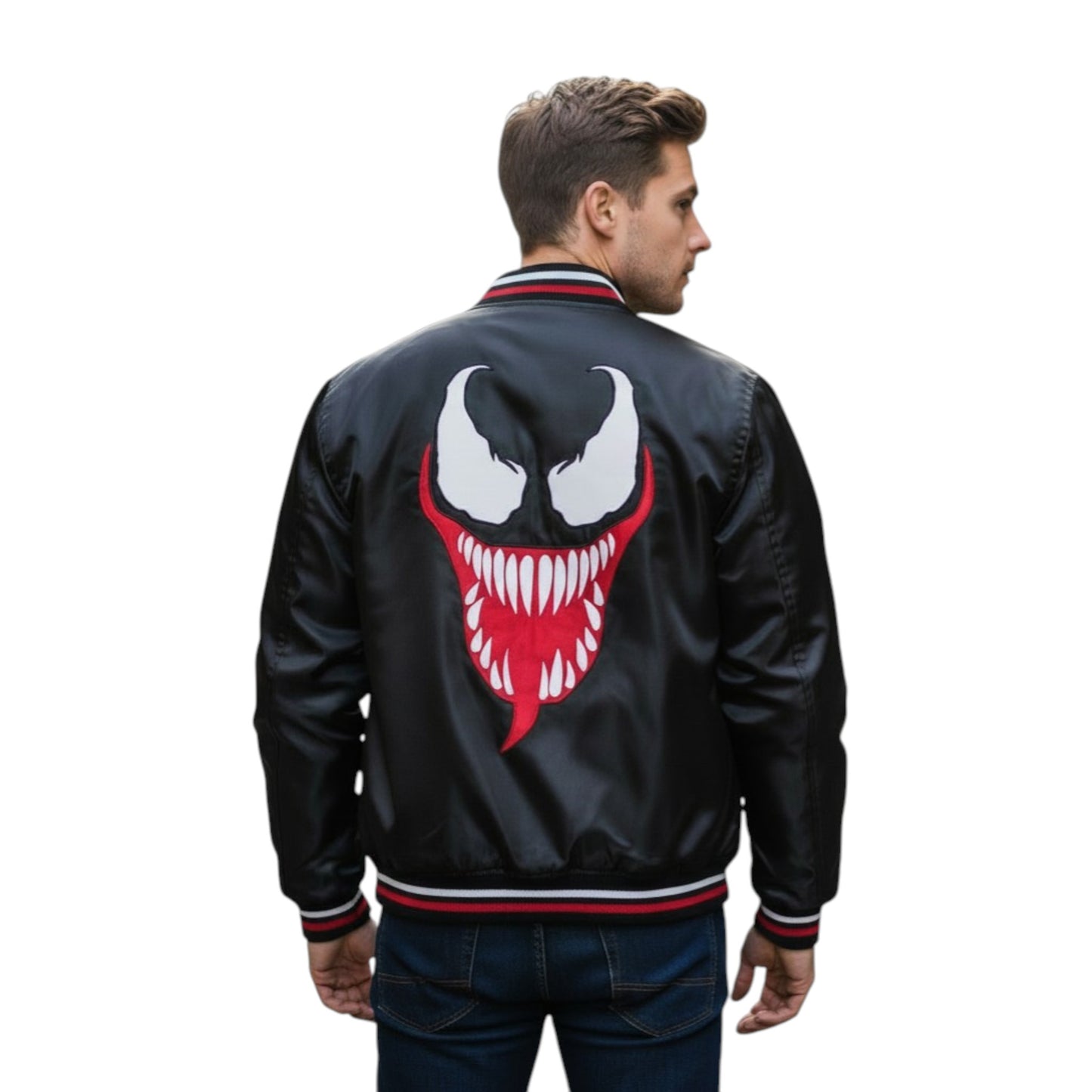 Man wearing a black jacket with a red and white logo on the back, on a white background