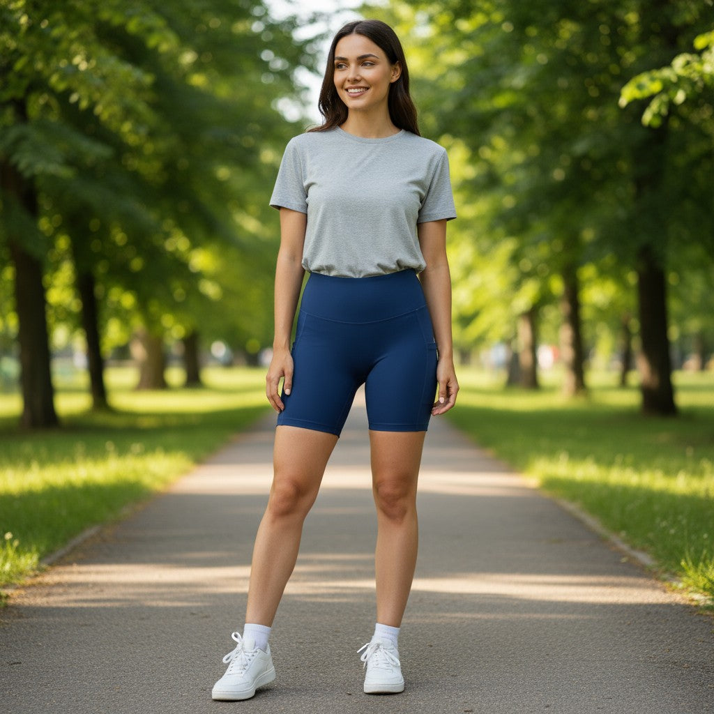 Woman in athletic wear standing on a path in a park