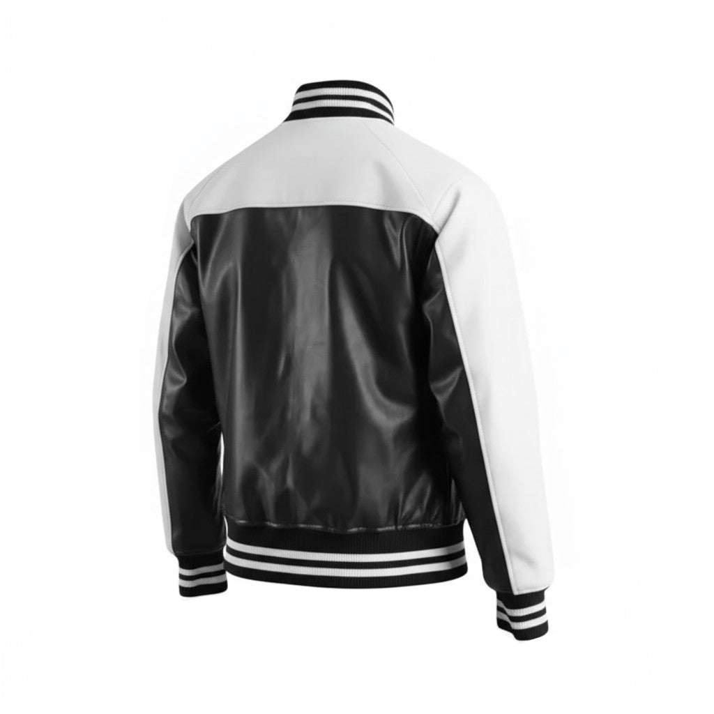 Terrance Varsity Jacket in Black and White Leather