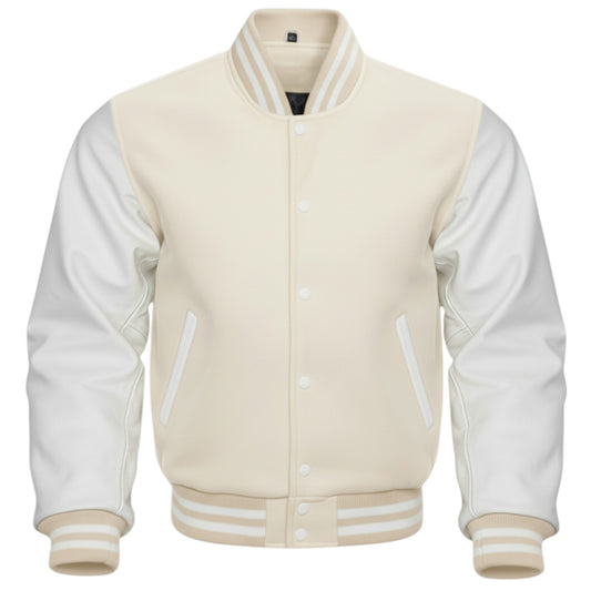 Beige and white varsity jacket on a white background