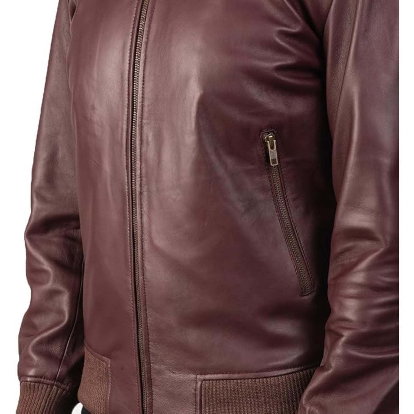 Brown leather jacket with a zipper on a white background
